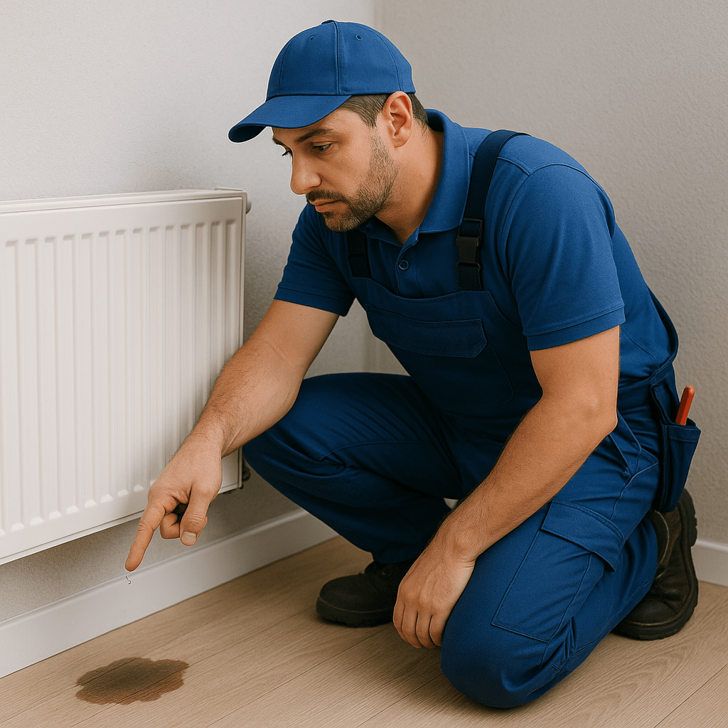 Handyman fixing radiator leak in London home